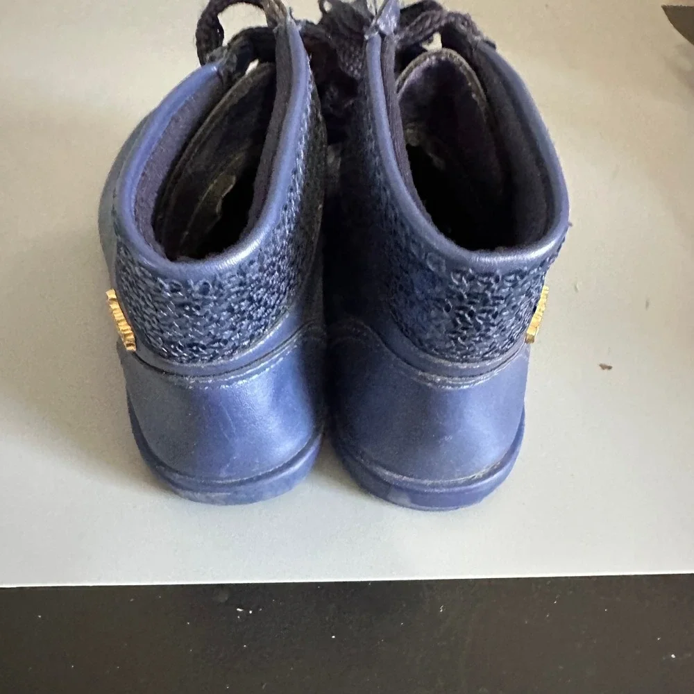 Pampili Girls Navy Blue Metallic‎ Sequin Lace Up Ankle Boots Gold Charms Zipper